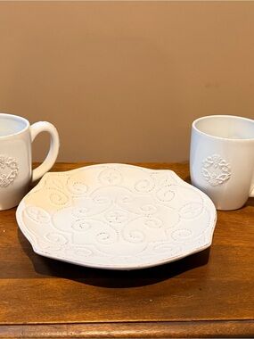 Simply Shabby Chic Cream Mugs and Embossed Ceramic Decorative Plate
